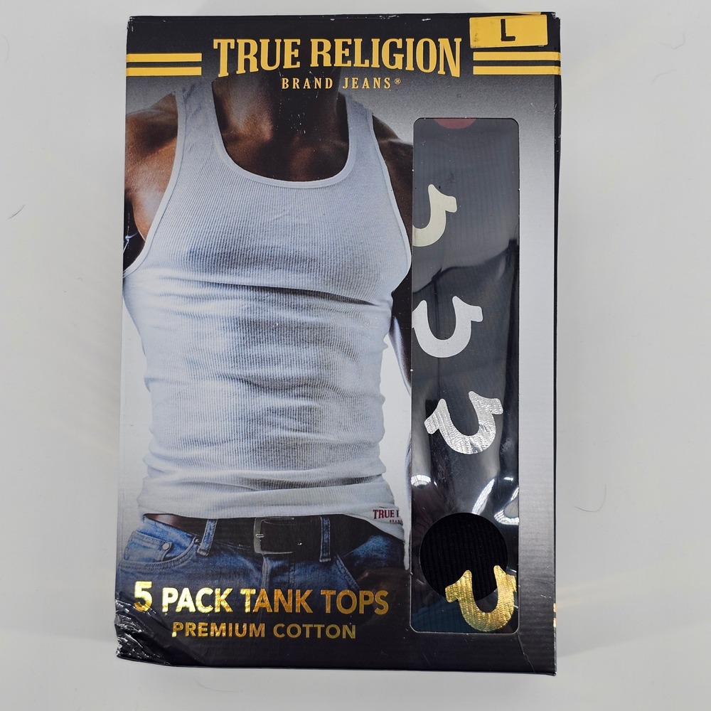 True Religion Tank Tops Mens Large Black 5 Pack Premium Cotton Ribbed Undershirt